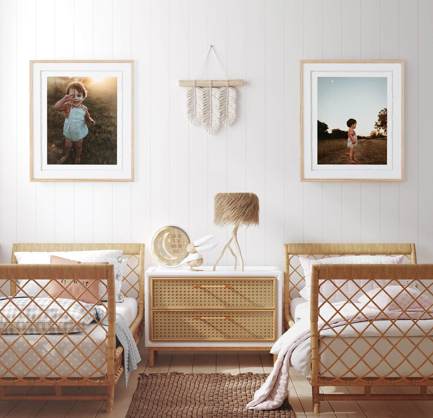 Mockup frame in children bedroom with wicker furniture, Coastal