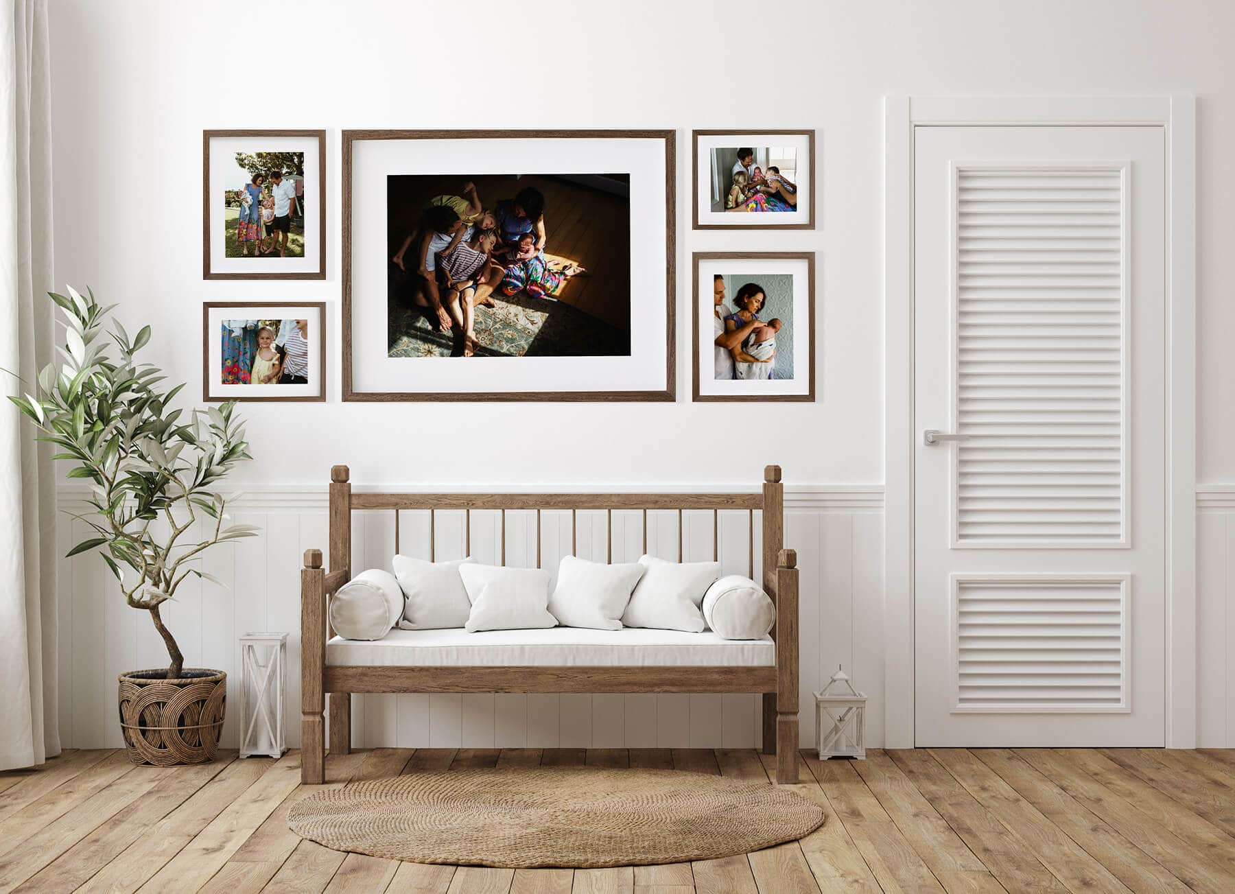Scandinavian farmhouse hallway interior, wall mockup, 3d render