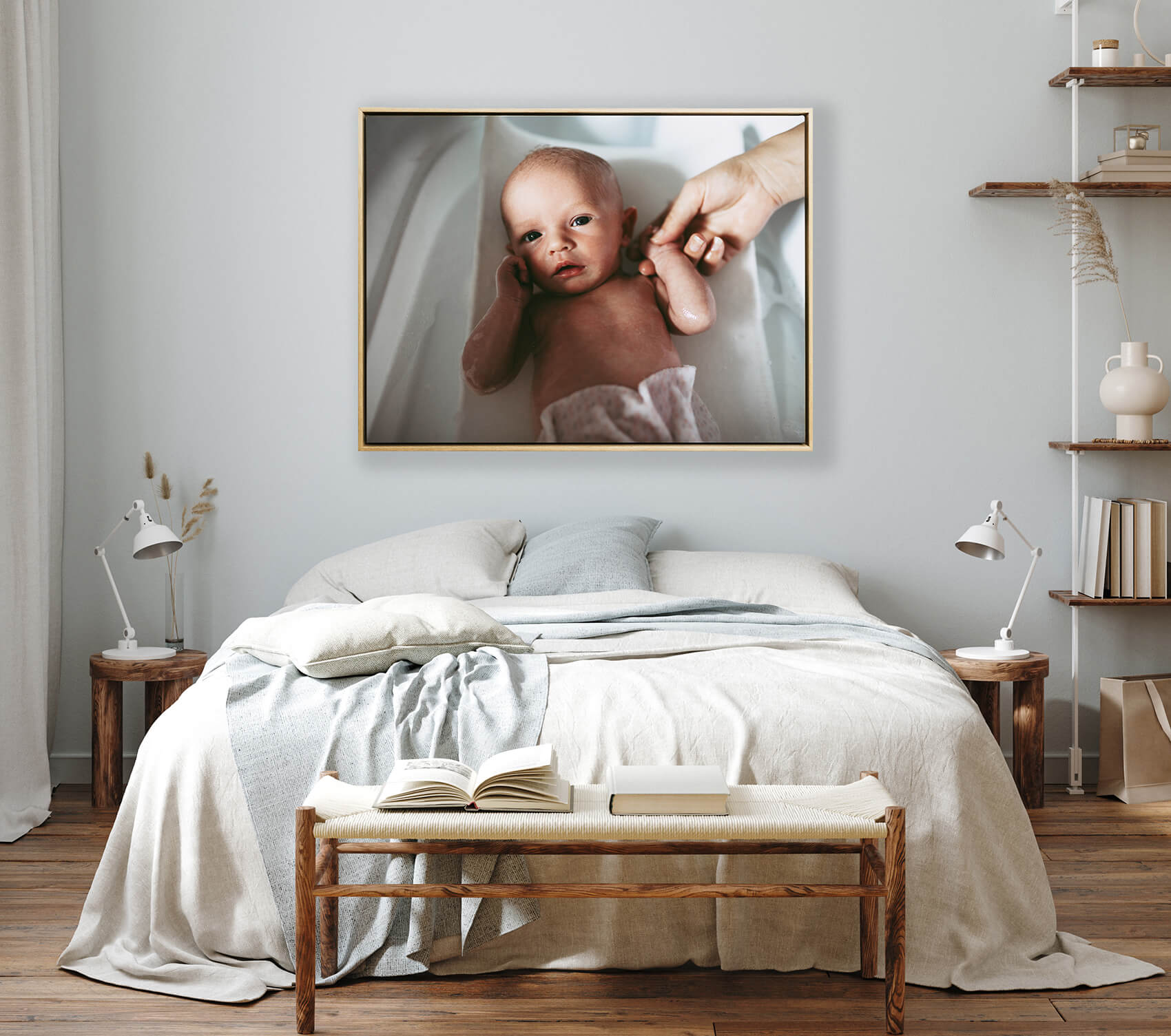 Home mockup, cozy Scandinavian style bedroom interior, 3d render