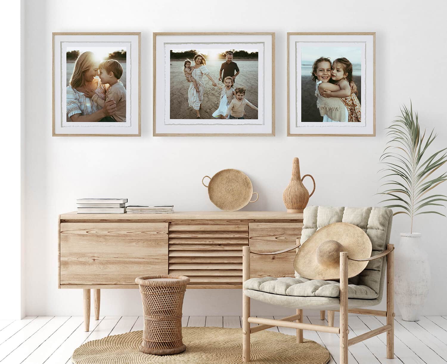 Wall mock up in white simple interior with wooden furniture, Sca