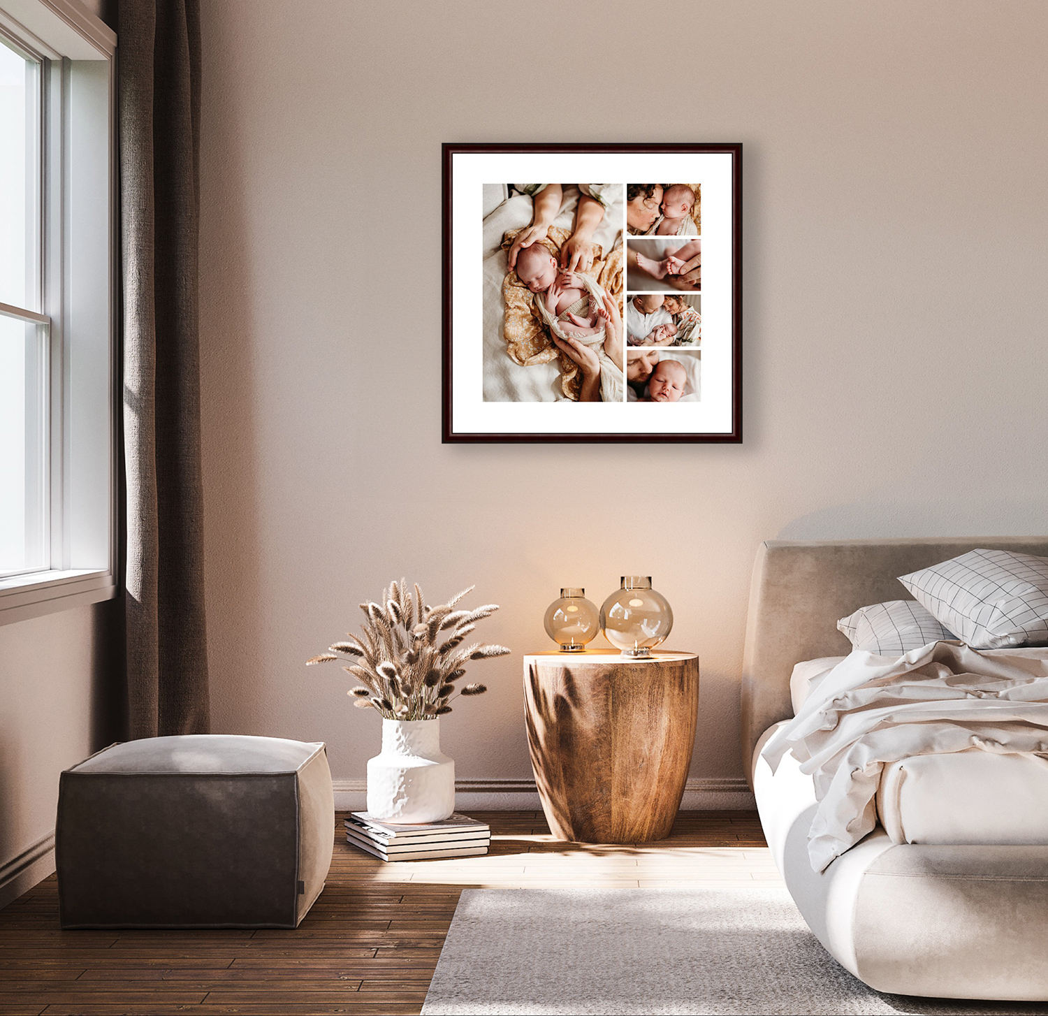 Panorama fine art frame A frame with five portraits of a family together, hangs above a bed.