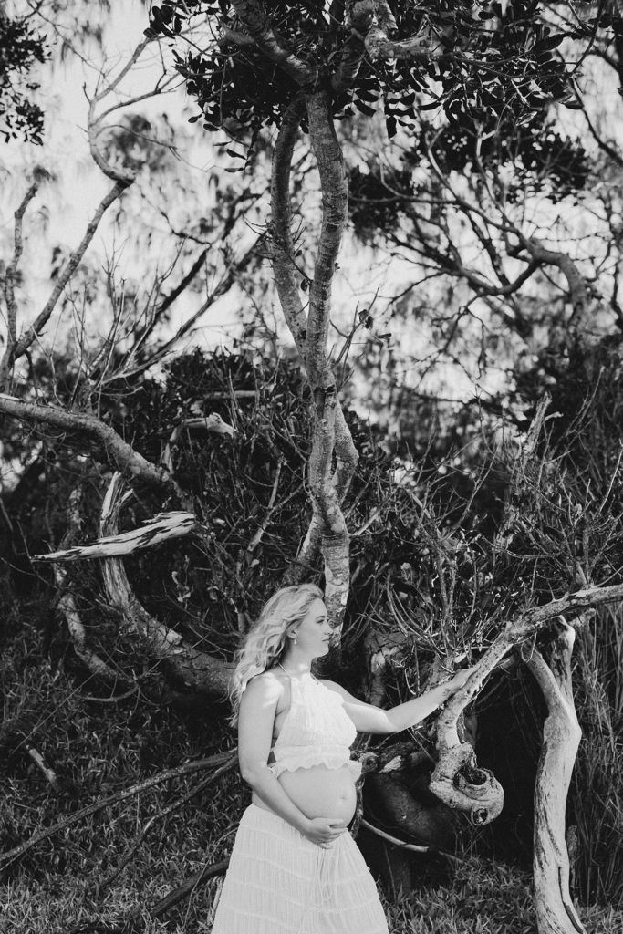 A pregnant woman stands on a beach leaning against a beautiful tree branch as she gently cradles her belly. 