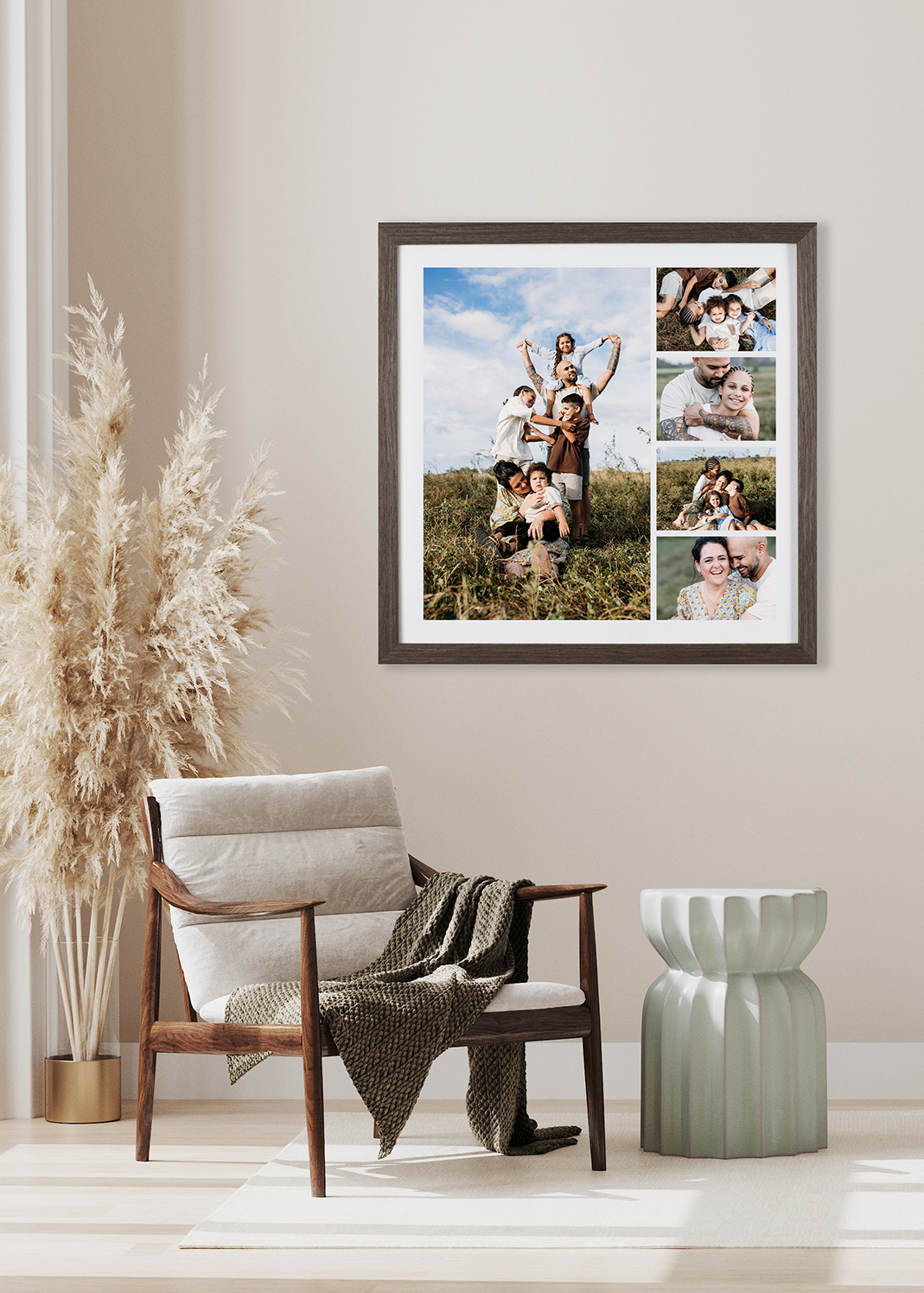A framed portrait of a family hangs above a chair. The family is at Lake Mary near Rockhampton. There are five portraits in the one frame.